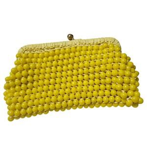 Vintage Retro Italian Made Yellow Beaded Clutch Handbag Knit Bag Raffia Purse
